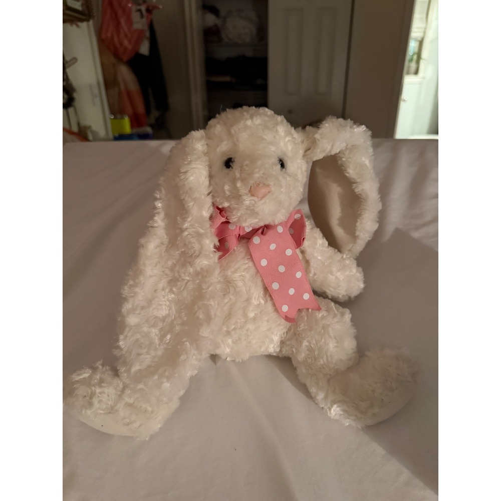 Douglas Cuddle Toy Bunny Rabbit Plush Cream White Floppy Ears Pink Polka Dot Bow